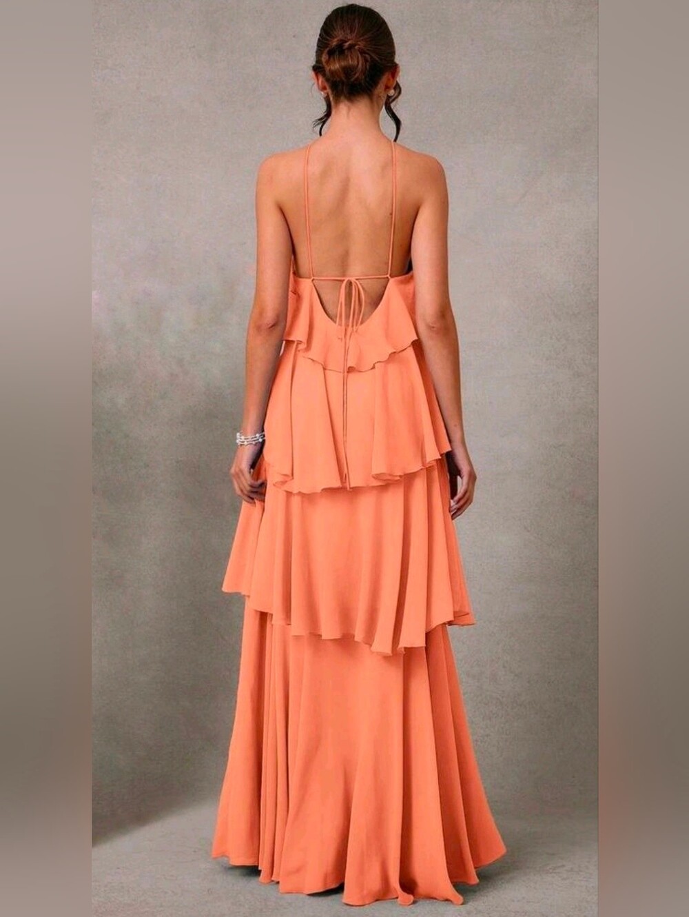 New Tiered Chiffon Ruffle Halter Maxi Dress Backless Coral Orange Peach - Picture 2 of 8